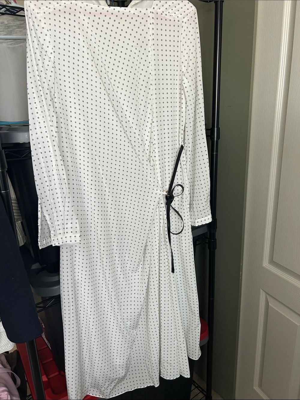 No name 100% silk White Polka Dot Wrap Dress with Black Tie